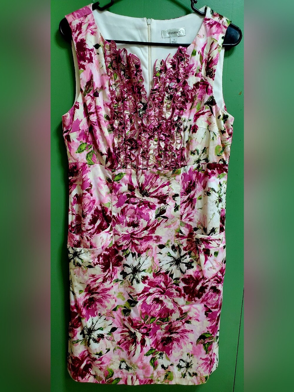 dressbarn Pink & White Floral Ruffle-Front Midi Dress